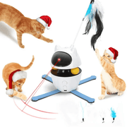 Unlock fun with the Automatic Laser Cat Toy – Electric Turntable featuring interactive laser and feather wand, perfect for active holiday play.